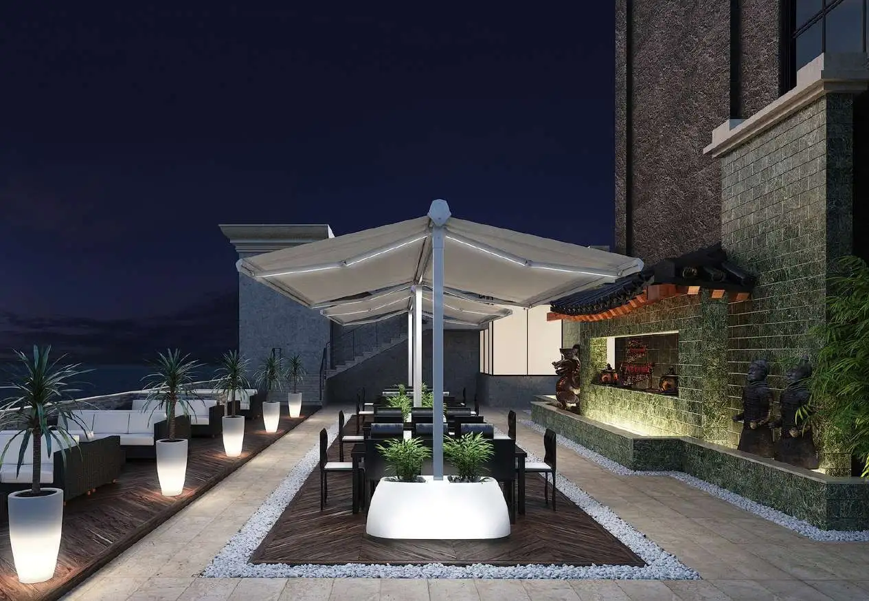 Abri autoportant 80 semi-coffre à double pente au-dessus d’une table de terrasse, de nuit
