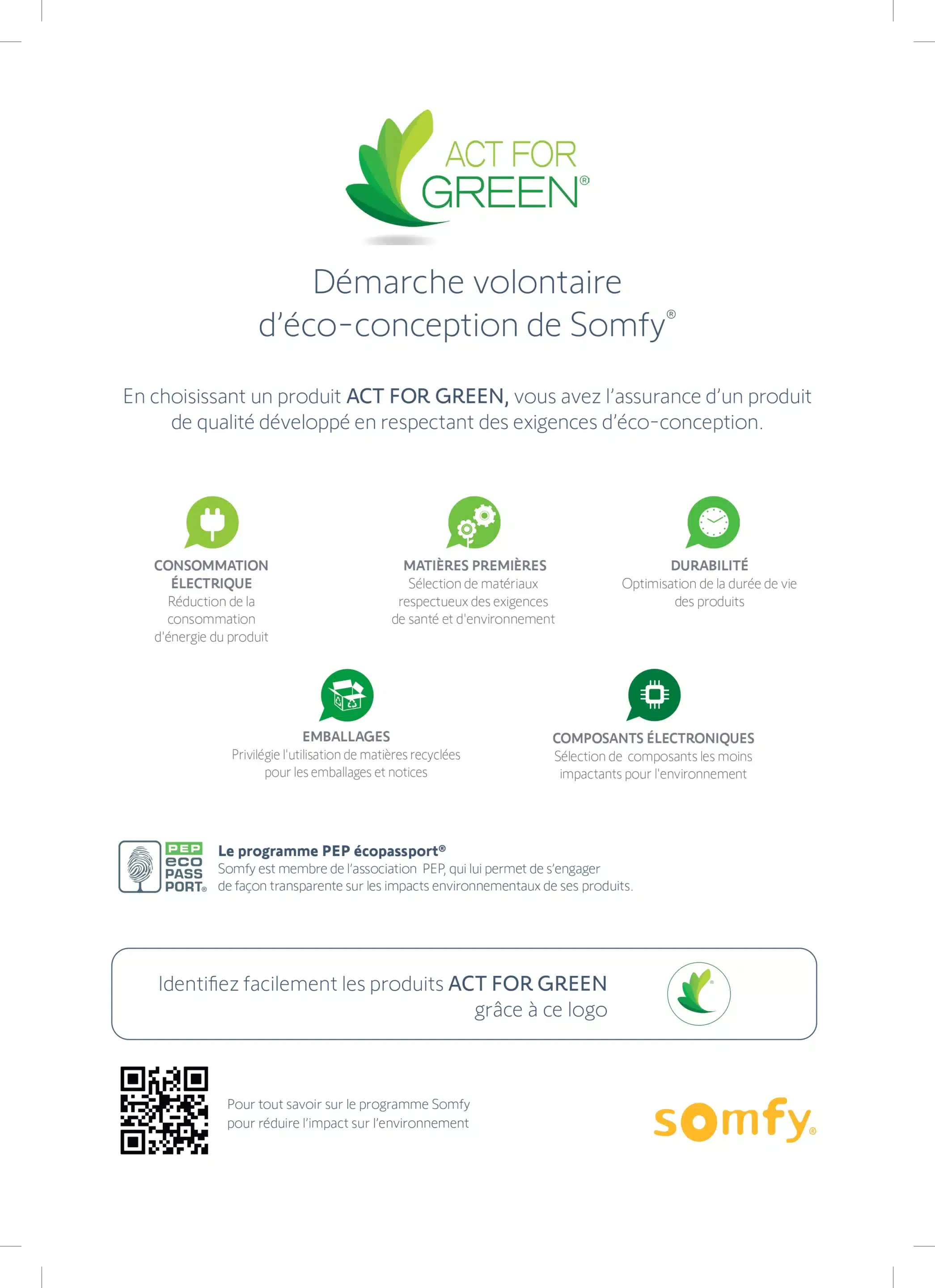 Affiche Somfy Act for Green : démarche volontaire d’éco-conception, ses 5 engagements et le programme PEP ecopassport