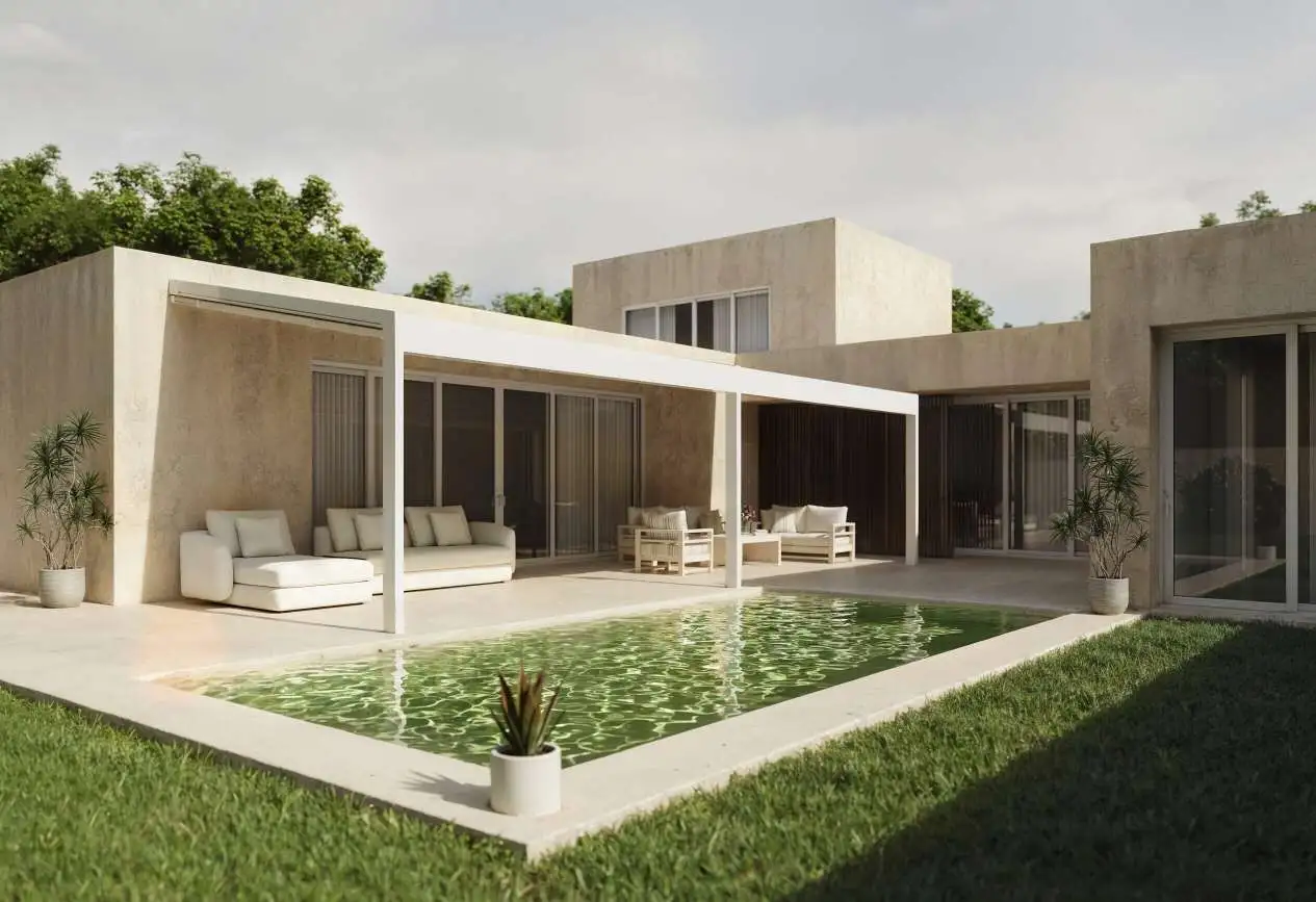 Pergola étanche Pergo Cover au-dessus d’une terrasse avec bassin, devant une maison contemporaine